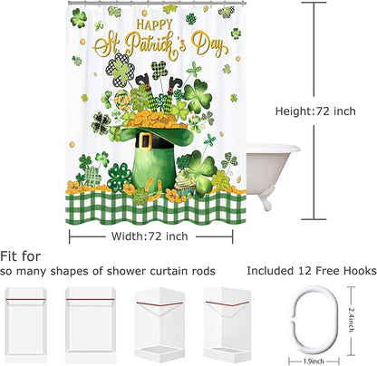 St. Patrick's Day Shower Curtain Shamrock Shower Curtains Waterproof Fabric Bath Curtains with 12 Hooks for St. Patricks Day Home Bathroom Decor, 72 x 72 Inches