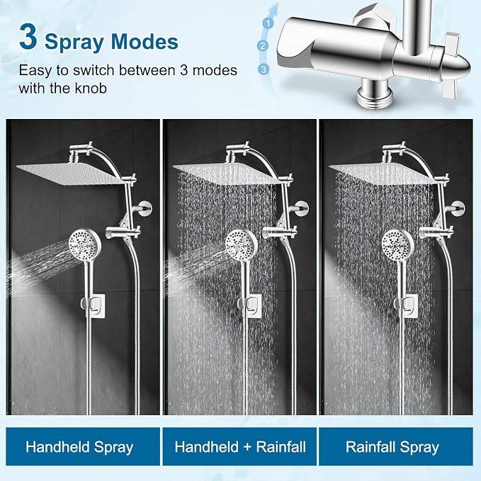 Hibbent All Metal 10" High Pressure Rain Shower Head Combo, Chrome | cUPC Certified Rainfall Shower Head with handheld 10 Sprays, 16'' Adjustable Extension Arm, 71'' Hose, Showerhead Holder