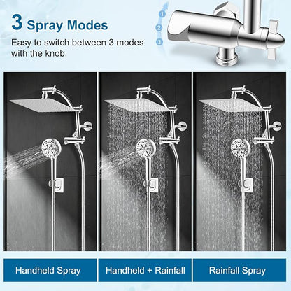 Hibbent All Metal 10" High Pressure Rain Shower Head Combo, Chrome | cUPC Certified Rainfall Shower Head with handheld 10 Sprays, 16'' Adjustable Extension Arm, 71'' Hose, Showerhead Holder