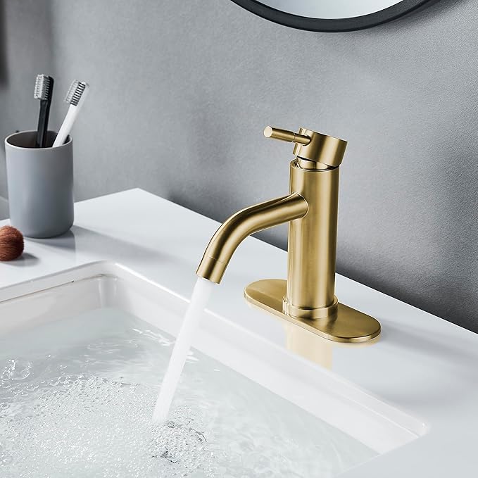 Single Hole Bathroom Sink Faucet Brushed Gold, Modern Single Handle Bathroom Faucet Commercial Stainless Steel Basin Faucet with Drain