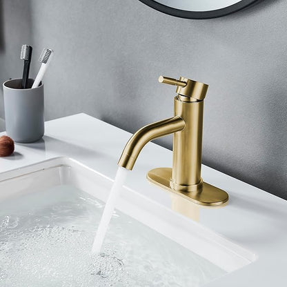 Single Hole Bathroom Sink Faucet Brushed Gold, Modern Single Handle Bathroom Faucet Commercial Stainless Steel Basin Faucet with Drain
