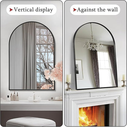 Black Arched Mirror 28x36in, Metal Framed Bathroom Vanity Wall | Tempered Glass, Shatter Proof, Living Room Bedroom Entryway, Modern Elegant Design