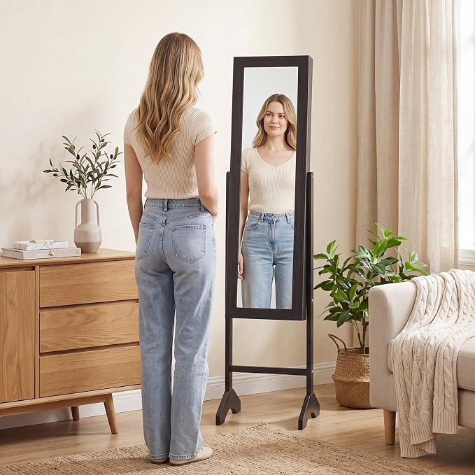 Giantex Jewelry Armoire with Full Length Mirror, Freestanding Jewelry Organizer Cabinet with Ring Slots, Earring Holders, Necklace Hooks & Storage Shelves for Bedroom (Black)