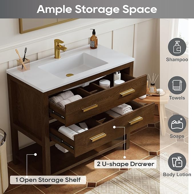 36 Inch Bathroom Vanity with Sink, Farmhouse Storage Cabinet with Drawers & Open Storage Shelf, Assembly Required, Adjustable Feet, Walnut