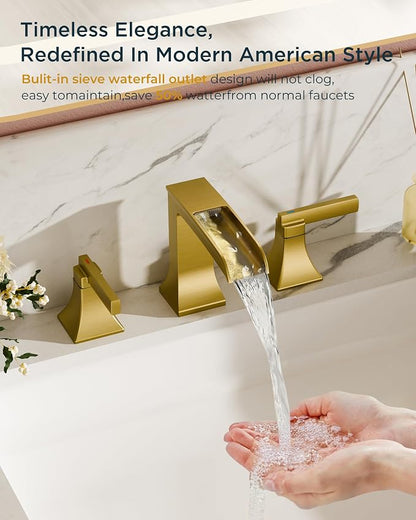 FORIOUS Bathroom Faucet 3 Hole Widespread 8" Sink Faucets Brushed Gold | 3-hole 4-12 Inch Widespread Sink, Square Waterfall Faucets, with Drain and Hoses,for Vanity Rv Commercial Lavatory Restroom