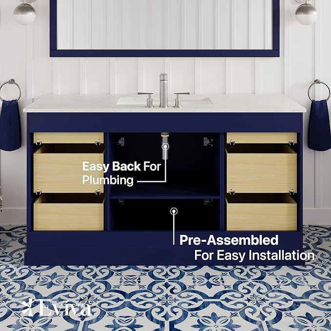Eviva Epic 60 in. Blue Bathroom Vanity with White Carrara Quartz Countertop