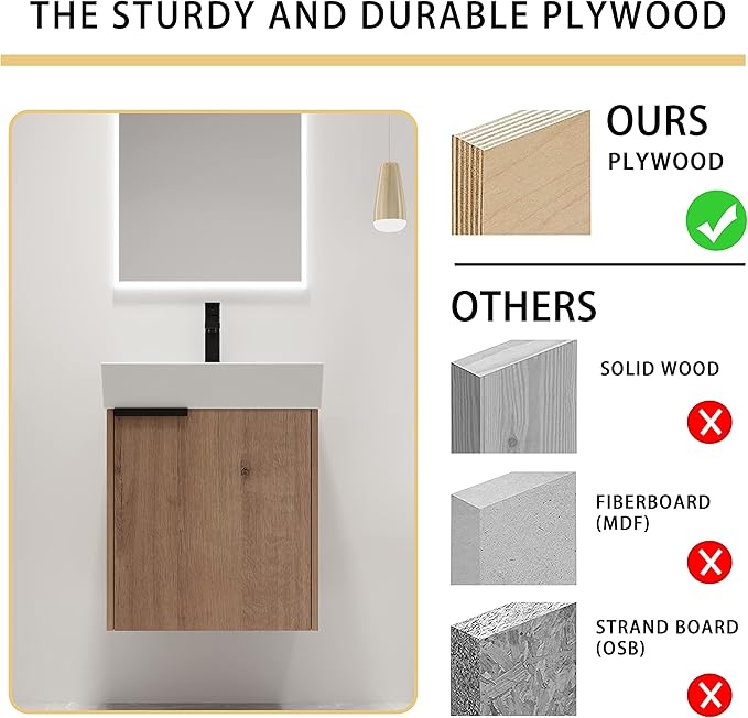 Malwee 18" Floating Bathroom Vanity with Sink, 18 Inch Single Sink Wall Mounted Bathroom Vanity, with 1 Door and White Ceramic Basin Top, Modern Bath Wall-hung Storage Cabinet for Small Space (015-18)