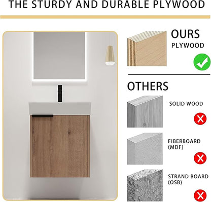 Malwee 18" Floating Bathroom Vanity with Sink, 18 Inch Single Sink Wall Mounted Bathroom Vanity, with 1 Door and White Ceramic Basin Top, Modern Bath Wall-hung Storage Cabinet for Small Space (015-18)