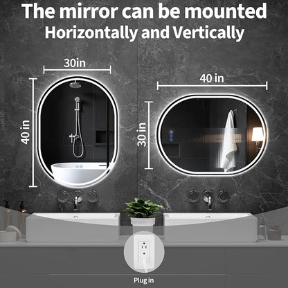Oval LED Bathroom Mirror, 30"x 40" Frameless Lighted Mirror | LED Mirror with Front Light & Backlit, Anti-Fog, Dimmable Wall Mounted Lighted Mirror, Pill-Shaped Smart Bathroom Mirror