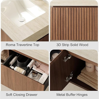 30 Inch Floating Bathroom Vanity with Sink, Plywood Bathroom Storage Cabinet with Drawer and Door, Light Yellow Sintered Stone Top with 3 Pre-drilled Faucet Holes White Basin, Pre-Assembled, Light Oak