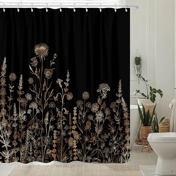 Vintage Black and Gold Boho Shower Curtain, Black and Tan Cream Floral Aesthetic Dark Wildflower Botanical Flowers Shower Curtain for Bathroom with Hook,Farmhouse Plant Art Chic Shower Curtain 60X72