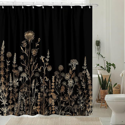 Vintage Black and Gold Boho Shower Curtain, Black and Tan Cream Floral Aesthetic Dark Wildflower Botanical Flowers Shower Curtain for Bathroom with Hook,Farmhouse Plant Art Chic Shower Curtain 60X72