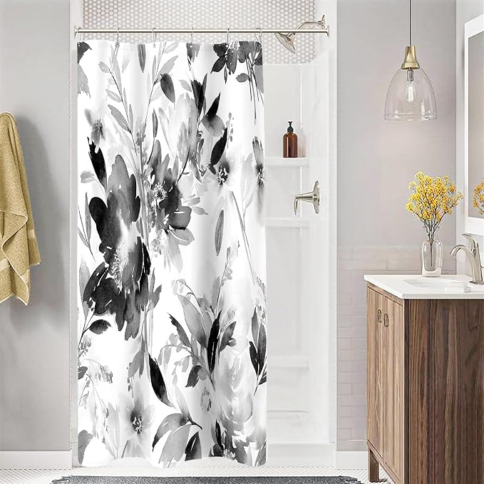 Small Stall Shower Curtain 36x72 Inch Half Narrow Watercolor Floral Decor | Black and White Modern Abstract Flower Fabric Bathroom Shower Curtain Set with Hooks