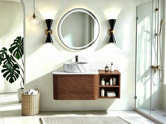 36 Inch Modern Bathroom Vanity with Ceramic Sink, Floating Bathroom Sink Cabinet with Sintered Stone Top&Solid Wood Hammered Frame, Single Bathroom Vanities w/Soft-Close Drawer&Side Open Cube