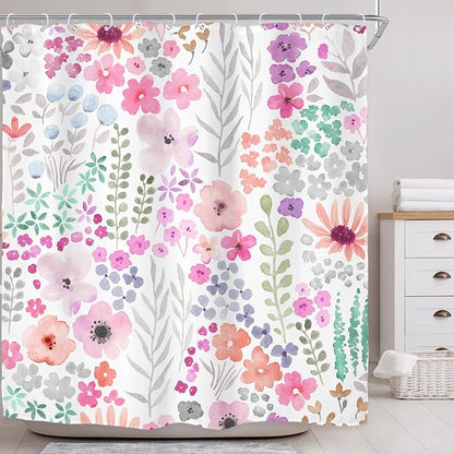 Extra Long Purple Floral Watercolor Colorful Bathroom Shower Curtain Set | 72"W x 84"H Boho Cute; waterproof HD print, quick-dry fabric with 12 hooks for easy hanging.