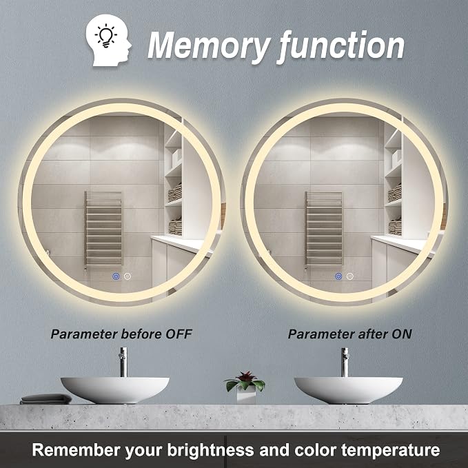 24" LED Bathroom Mirror Round Vanity Mirror, Anti-Fog, Dimmable, 3 Color Temperature, Memory Function Led Wall Mirror for Bathroom, Vanity, Shaving (Vertical/Horizontal)