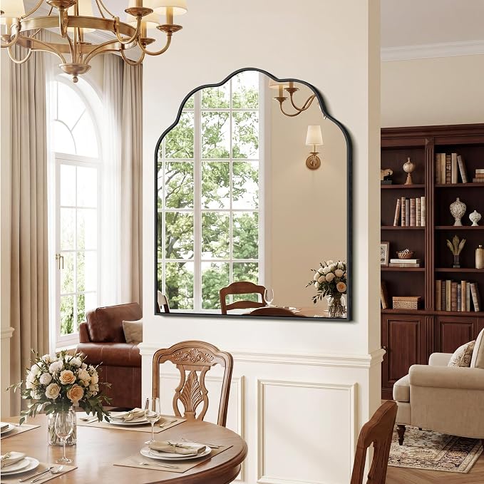 Arched Scalloped Mirror, 30×36Inch Black Bathroom Mirror, Wavy Wall Mounted Vanity Mirror Decor with Aluminum Alloy Frame for Livingroom Bedroom and Entryway, Tempered Glass
