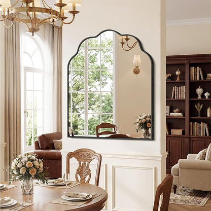 Arched Scalloped Mirror, 30×36Inch Black Bathroom Mirror, Wavy Wall Mounted Vanity Mirror Decor with Aluminum Alloy Frame for Livingroom Bedroom and Entryway, Tempered Glass