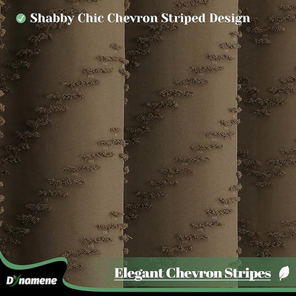 Dynamene Extra Long Shower Curtains, 84 Inches Long Boho Tufted Chevron Striped Fabric Shower Curtains for Bathroom, Tall Minimalist Chic Waterproof Cloth Shower Curtain Set with Hook, Brown, 72x84