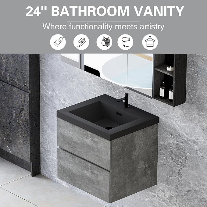 Floating Vanity Bathroom, 24 Inch Bathroom Vanity with Sink, Wall Mounted Single Sink Bathroom Vanity, Soft Closed 2 Drawers, Integrated Sink (Dark Birch)