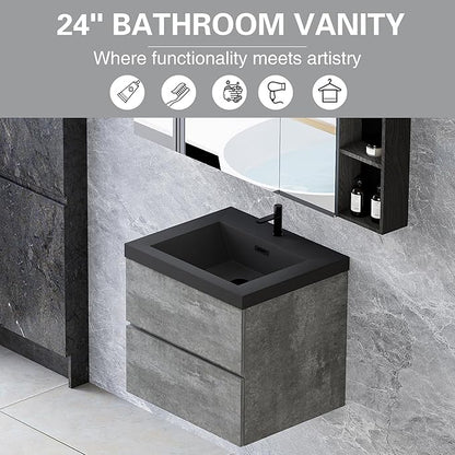 Floating Vanity Bathroom, 24 Inch Bathroom Vanity with Sink, Wall Mounted Single Sink Bathroom Vanity, Soft Closed 2 Drawers, Integrated Sink (Dark Birch)
