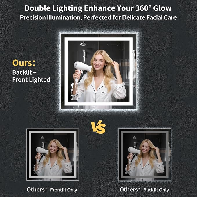 36"x36" LED Bathroom Mirror with Lights, Backlit+Frontlit, Anti-Fog | CRI 95, Stepless Dimmable, 3 Colors Lighting, Shatterproof Tempered Glass, HD Reflection, Memory, (Horizontal/Vertical)