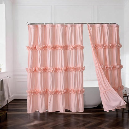 Homechoice Decor 2-Piece Peach Shower Curtain, 72" W x 72" H x 2 Panels | Soft Fabric Double Panels for Easy Access, Cozy Brushed Texture, Ruffle Design, Everyday Bathroom Décor (LQ-44)