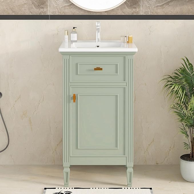 20" Bathroom Vanity with Ceramic Sink Top, Tip-Out Drawer, Door Rack, Adjustable Shelf, Solid Wood Legs, Soft-Closing Door, Green