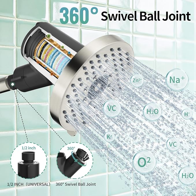 SR SUN RISE Filtered Shower Head with Filters,High Pressure Rain Shower Head,20-Stage Shower Filter,1.8/2.5 GPM Flow Rate,6 Spray Modes for Hard Water Softener (Brushed Nickel,5.5 Inch)