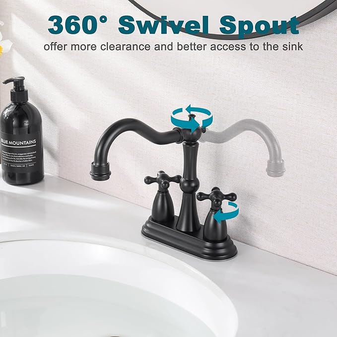 Matte Black Bathroom Faucet Antique, 4 Inch Centerset Bathroom Faucet 3 Hole, Stainless Steel Antique Bathroom Faucet Lavatory Faucet with Pop Up Drain Assembly and Supply Hose, SE-0038-BK