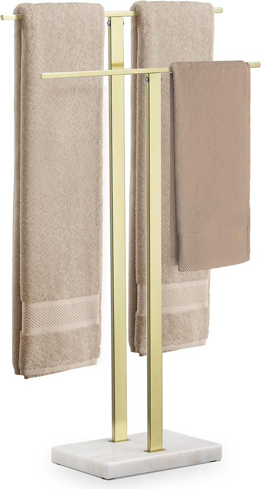 KES Standing Towel Rack with Marble Base, 2-Tier Towel Stand for Bathroom Floor, Upgrade Steady Design, T-Shaped Towel Drying Rack Gold, SUS304 Stainless Steel, Brushed Gold Finish, BTH217-BZ
