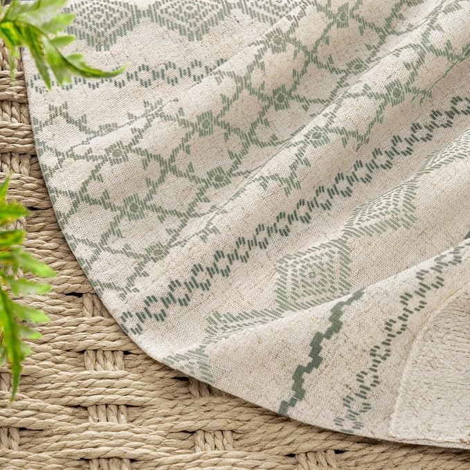 Sage Green Boho Linen Shower Curtain,72" W x 84" L | Linen Striped Print and Twine-Inspired Woven Center for Bathroom