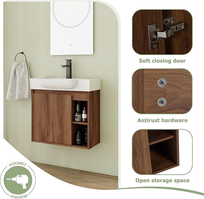 24 Inch Floating Vanity, 24" Bathroom Vanity with Sink, Single Sink Wall Mounted Vanity Combo, Modern Brown Bathroom Vanity Set with 1 Door