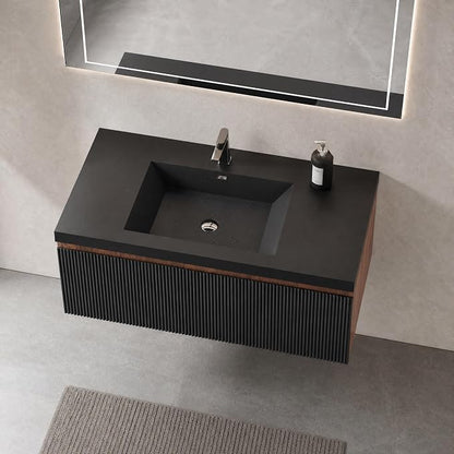 Floating Bathroom Vanity, 42" Wall Mounted Bathroom Cabinet with Matte Black Quartz Sand Sink & U-Shaped Soft-Close Drawer, Pre-Assembled Striped Storage Vanity for Bathroom, Walnut&Black