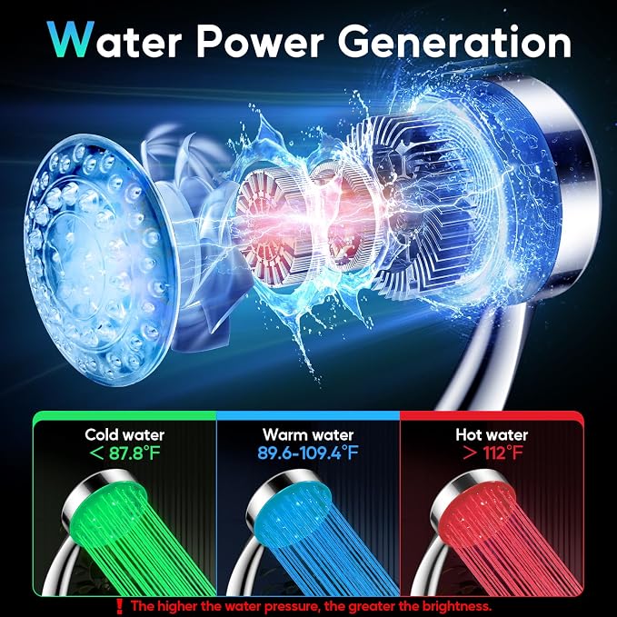LED Shower Head, 12" LED Shower Head with Color Changing Lights Handheld | High Pressure Rainfall Shower Head Combo, Chrome Stainless Steel & 11" Flexible Curved Arm, 60" Hose