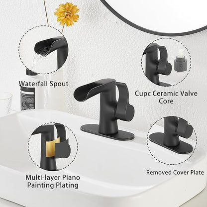 Single Handle Bathroom Faucet Matte Black Waterfall GGStudy Bathroom Vanity Faucet Black Basin Matching Pop Up Drain with Overflow