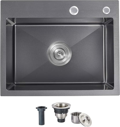 Drop in Kitchen Sink, 25x18x9 Inch | 304 Stainless Steel Single Bowl, Topmount with 2 Holes, R10 Tight Corner, for Modern Kitchen/RV/Outdoor Sink, Black