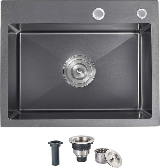 Drop in Kitchen Sink, 25x18x9 Inch | 304 Stainless Steel Single Bowl, Topmount with 2 Holes, R10 Tight Corner, for Modern Kitchen/RV/Outdoor Sink, Black