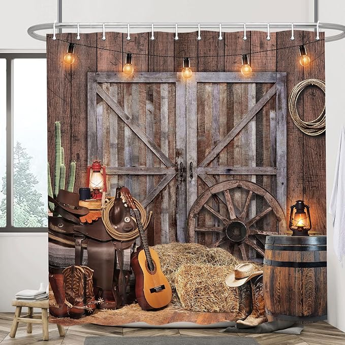Rustic Barn Door Shower Curtain Set, Western Cowboy Shower Curtains, Farmhouse Country Cactus Shower Curtains for Bathroom, Farm Wooden Vintage Bathtub Decor Accessories with Hooks, 36X70IN Brown