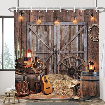 Rustic Barn Door Shower Curtain Set, Western Cowboy Shower Curtains, Farmhouse Country Cactus Shower Curtains for Bathroom, Farm Wooden Vintage Bathtub Decor Accessories with Hooks, 47X64IN Brown