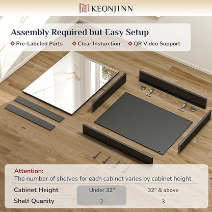 Keonjinn 40"x 26" Large Black Medicine Cabinet Mirror, HD Tempered Glass | Assembly Needed, Lightweight Aluminum Frame, Freely Adjustable Shelves, Surface Mount or Recessed, Soft Close, 3 Doors