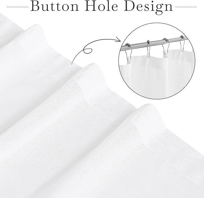 KGORGE Linen Sheer Shower Curtains White for Bathroom Bathtub Decor | Semi-Sheer Waterproof Fabric Lightweight Button Hole Half Privacy Quick Dry Drapes, Hooks Included, W72 x L90