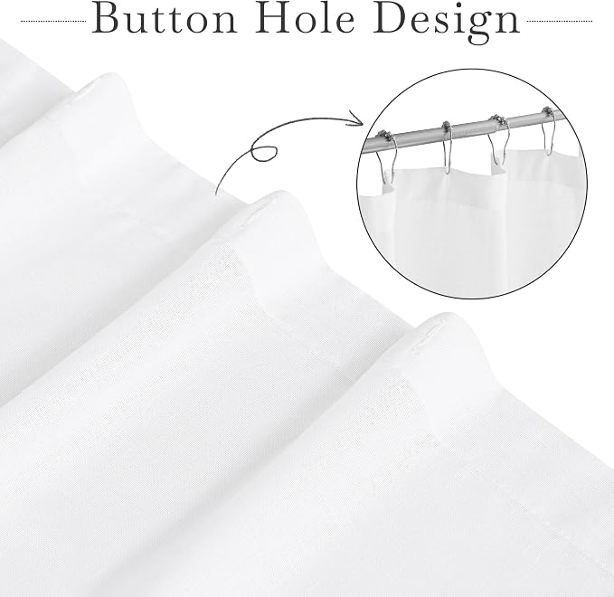 KGORGE Linen Sheer Shower Curtains White for Bathroom Bathtub Decor | Semi-Sheer Waterproof Fabric Lightweight Button Hole Half Privacy Quick Dry Drapes, Hooks Included, W72 x L72