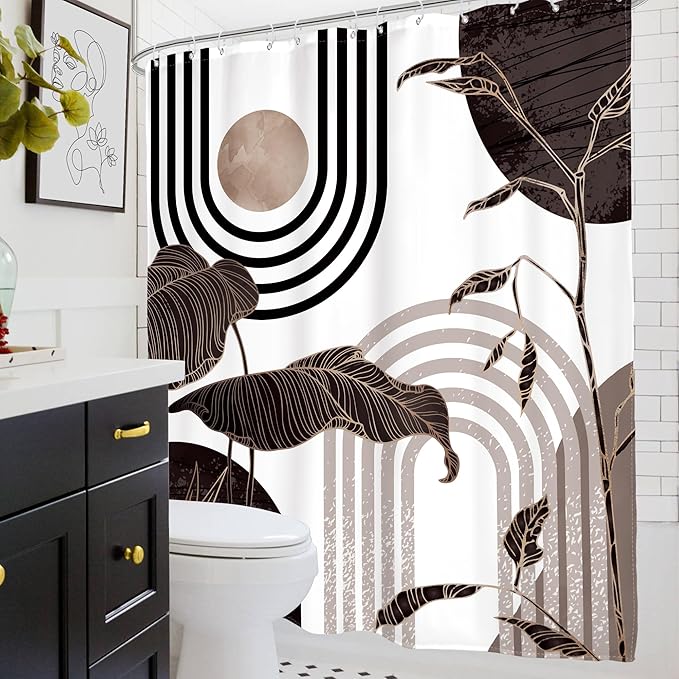 Glawry Black and Brown 60Wx72L Inches Shower Curtain Boho Mid Century Modern Minimalist Aethetic Black and Gray Palm Leaf Bath Accessories Art Home Decor Fabric 12 Pack Hook