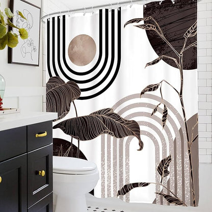 Glawry Black and Brown 60Wx72L Inches Shower Curtain Boho Mid Century Modern Minimalist Aethetic Black and Gray Palm Leaf Bath Accessories Art Home Decor Fabric 12 Pack Hook