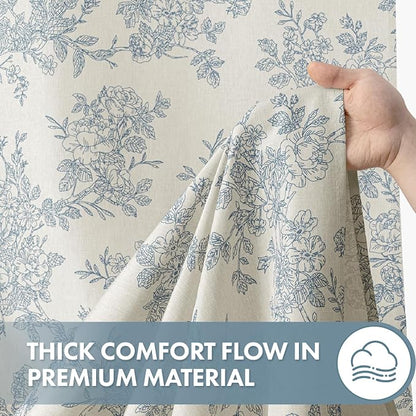 Extra Long Linen Blue Floral Shower Curtain W72*L90 Inches | Linen Textured Fabric, 12 Rustproof Metal Hooks, Wrinkle Resistant Cloth, Machine Washable, Bathroom Decor for Cottage Core