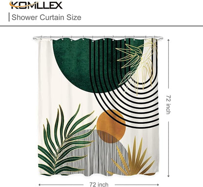 KOMLLEX Mid Century Green Boho Abstract Modern Bathroom Shower Curtain Set | 72Wx72L Plant Botanical design, waterproof HD print with fast-drying fabric and 12 hooks.