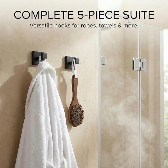 5-Piece Bathroom Hardware Set, 23.6 in Towel Bar, Matte Black | 304 stainless steel, towel ring, toilet paper holder, 2 robe hooks, wall-mounted, installation hardware included