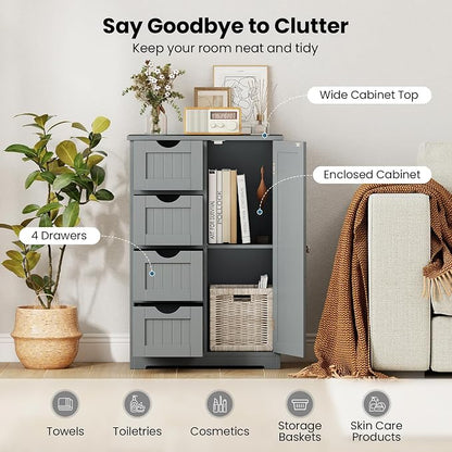 Giantex Bathroom Cabinet, Freestanding Storage Cabinet with 1 Door & 4 Drawers, 3-Level Adjustable Shelf, Anti-toppling System, Modern Storage Organizer for Bathroom, Living Room, Kitchen (Gray)