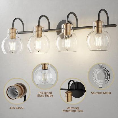 4 Lights Bathroom Vanity Light Fixtures Over Mirror Modern | Wall Sconce,Black & Brushed Cooper,Globe Glass Shade,E26 Base,UL Certified,Anti-Rust,Damp Rated,Bathroom Bedroom Living Room